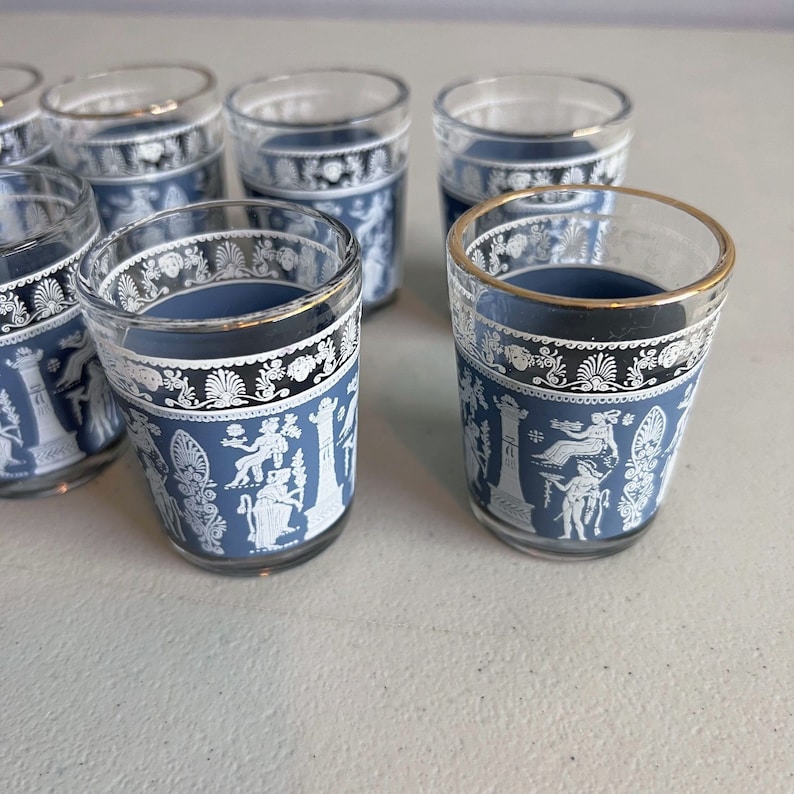 Vintage Jeannette Glass Corinthians Blue Whiskey Glasses Lot of 8 Shot Glasses image 7