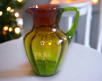 Antique Rubina Verde Pitcher Optic Ribbed Hand Painted Enamel Hand Blown