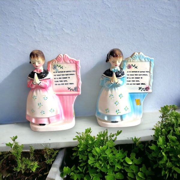 Vintage Our Own Import Pair of Prayer Napkin Holders Blue and and Pink Kitsch