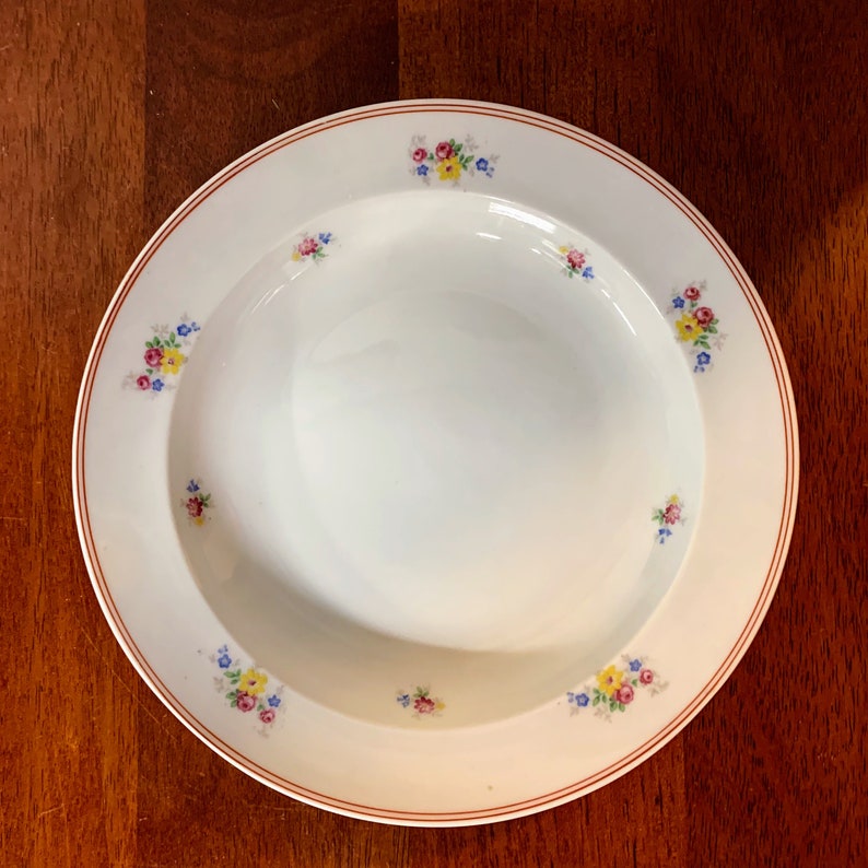 Vintage Kaestner Saxonia Double Red Line Trim Floral Print 9 14\u201d Bowl