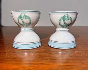 Antique Porcelain Egg Cups Green Blue and Gold Trim Green Floral Swag Design