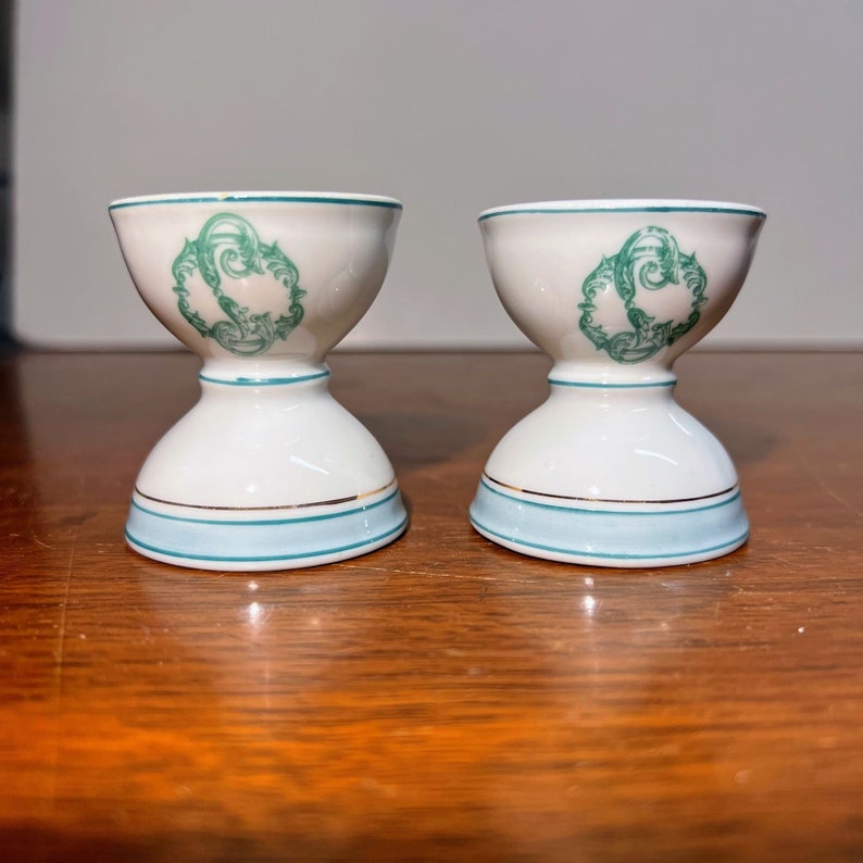 Antique Porcelain Egg Cups Green Blue and Gold Trim Green Floral Swag Design image 1