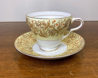 Vintage Rosina China Tea Cup and Saucer 5059 Yellow Red Berries Brown Flowers