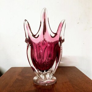 Vintage Egerman Crystal Art Glass Pink Cranberry Centerpiece Cornucopia Horn of Plenty Vase image 3