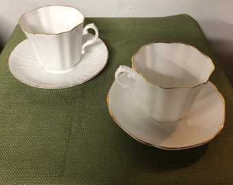 Vintage Pair of Royal Grafton Fine Bone White Scalloped Gold Trim Tea Cups and Saucers