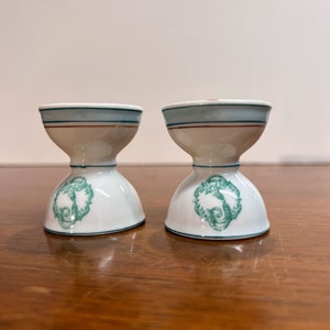 Antique Porcelain Egg Cups Green Blue and Gold Trim Green Floral Swag Design image 2