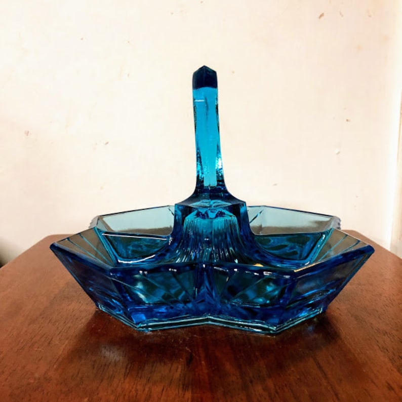 Vintage Art Deco Indiana Glass Blue Pyramid Relish Dish Tiara Etsy