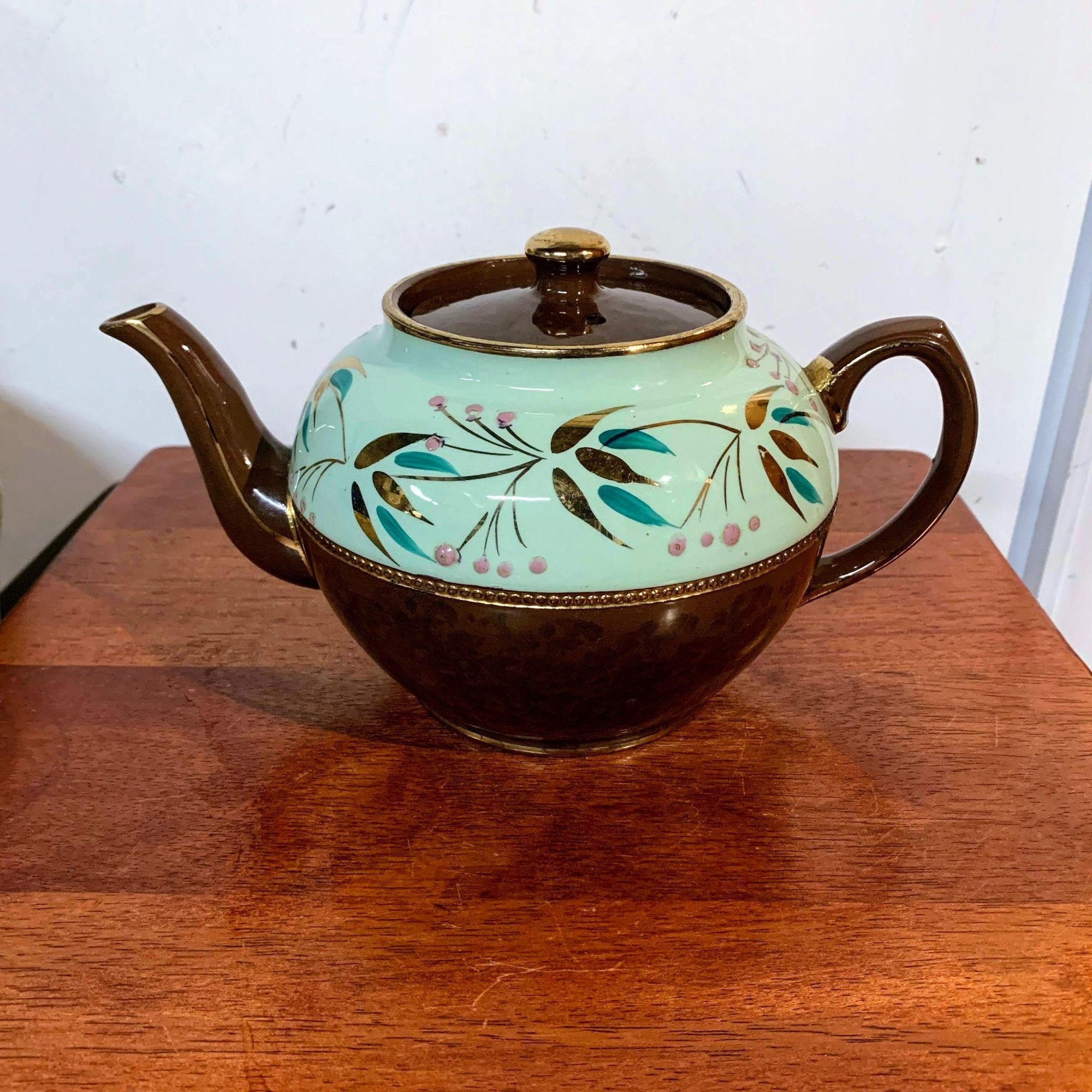 Vintage Sadler Teapot Brown with Mint Green Band and Floral Etsy