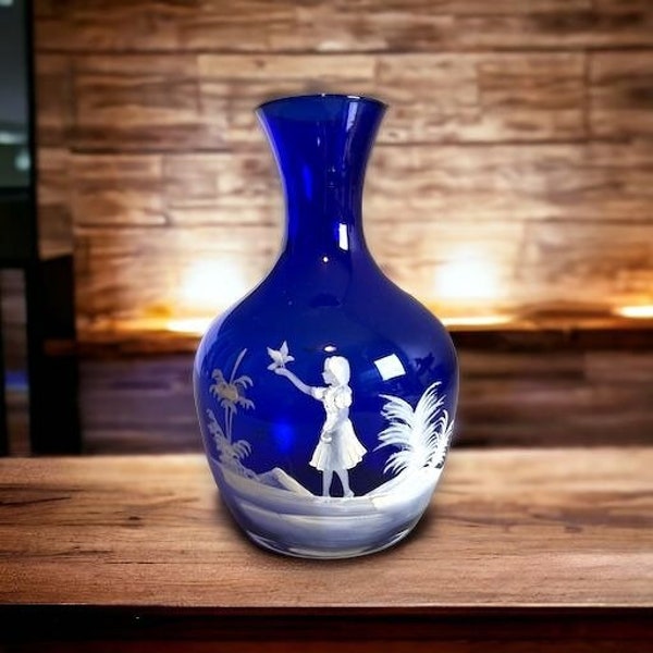 Vintage Fenton Glass Mary Gregory Cobalt Blue Bedside Decanter Vase