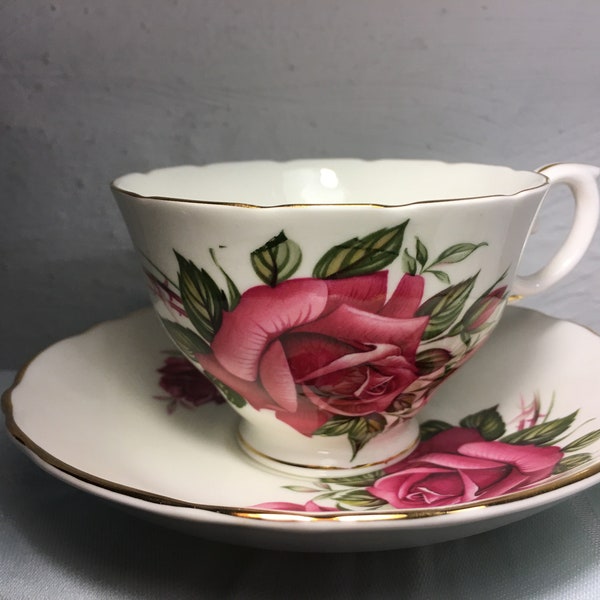 Crown Staffordshire Tea Cup And Saucer Big Bold Roses (Fine Bone China England)