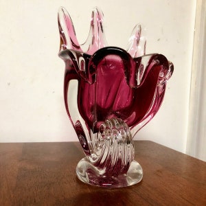 Vintage Egerman Crystal Art Glass Pink Cranberry Centerpiece Cornucopia Horn of Plenty Vase image 6