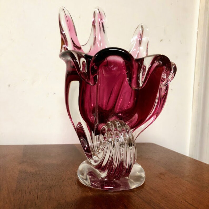 Vintage Egerman Crystal Art Glass Pink Cranberry Centerpiece Cornucopia Horn of Plenty Vase image 6