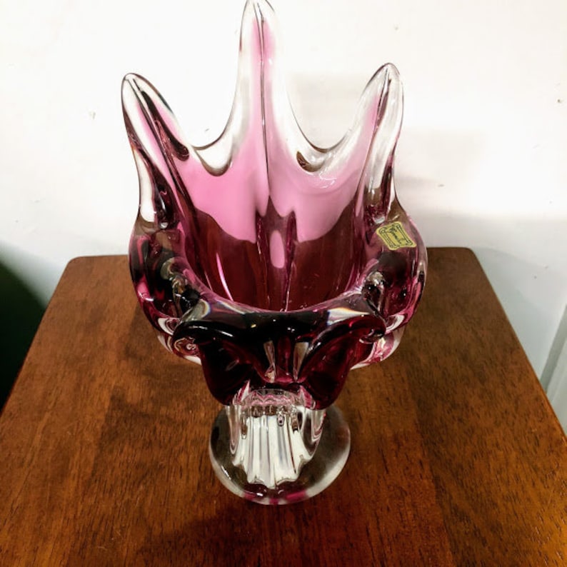 Vintage Egerman Crystal Art Glass Pink Cranberry Centerpiece Cornucopia Horn of Plenty Vase image 5