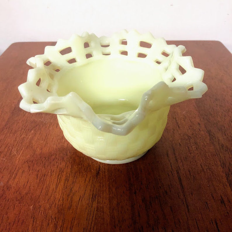 Vintage Fenton Glass Glossy Custard Vaseline Glass Basket Etsy