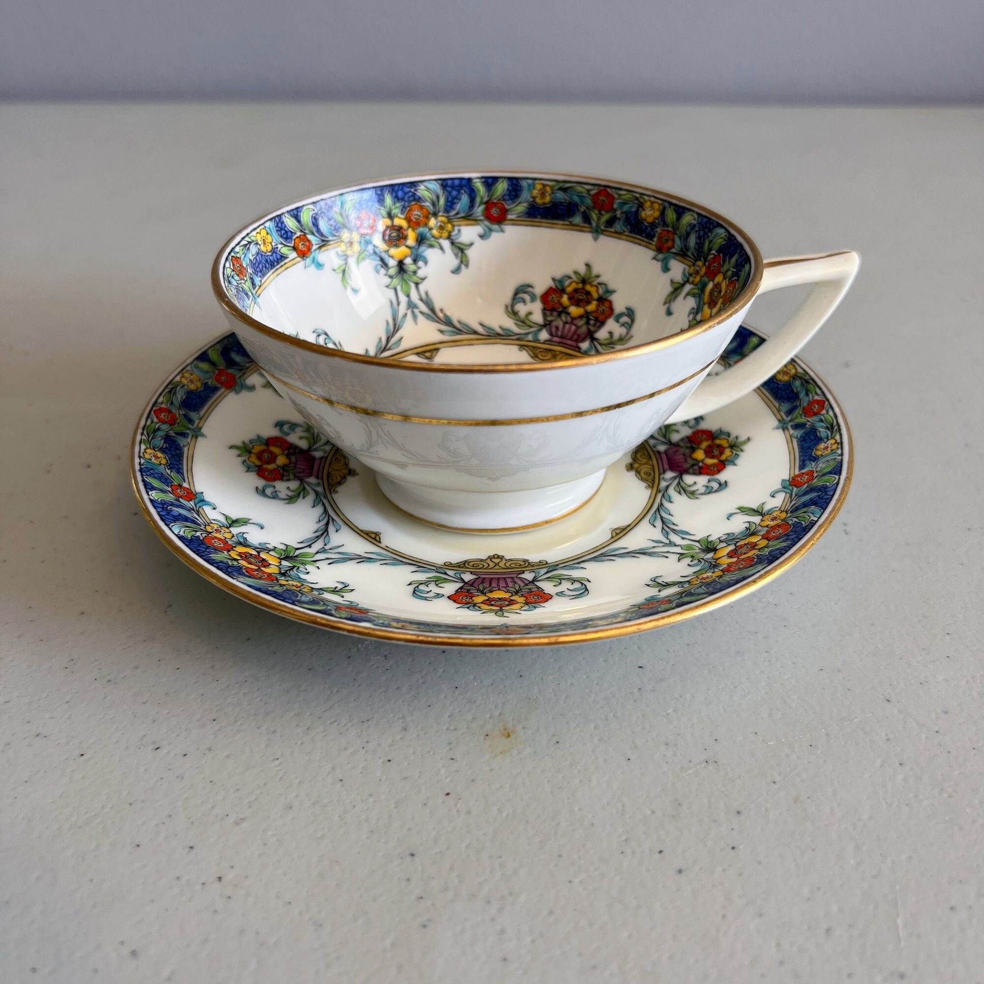 Antique Mintons China Tea Cup and Saucer Blue Gold and Floral Etsy