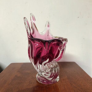 Vintage Egerman Crystal Art Glass Pink Cranberry Centerpiece Cornucopia Horn of Plenty Vase image 1