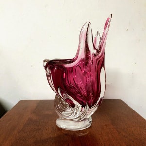 Vintage Egerman Crystal Art Glass Pink Cranberry Centerpiece Cornucopia Horn of Plenty Vase image 4