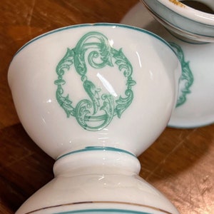 Antique Porcelain Egg Cups Green Blue and Gold Trim Green Floral Swag Design image 3