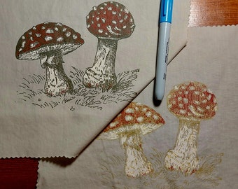Amanita Mushrooms: Three Colour Screen Printed Patch, handmade, recycled fabric