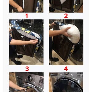 May include: A step-by-step guide on how to wash a dog bed cover. The cover is blue, yellow, and brown with a geometric pattern. The steps are numbered 1 through 5, with the final step labeled "DONE!"