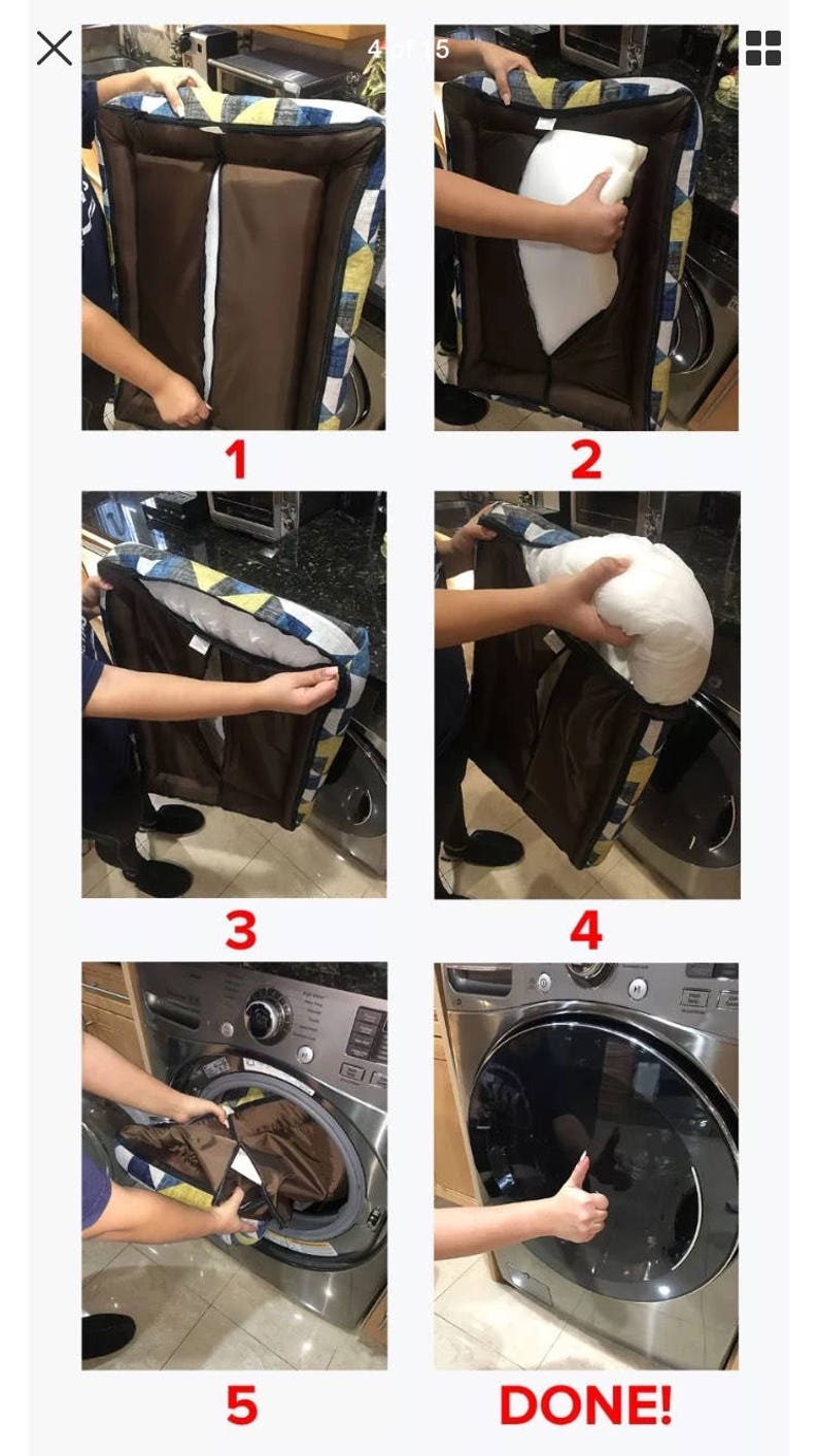 May include: A step-by-step guide on how to wash a dog bed cover. The cover is blue, yellow, and brown with a geometric pattern. The steps are numbered 1 through 5, with the final step labeled "DONE!"