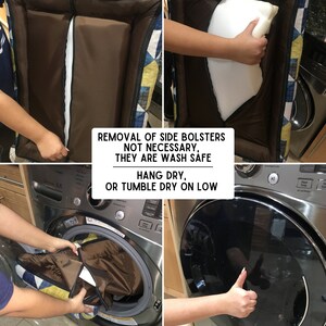 May include: A step-by-step guide on how to wash a dog bed. The first image shows the removal of the side bolsters. The second image shows the removal of the inner cushion. The third image shows the bed being placed in a washing machine. The fourth image shows the washing machine with the door closed.