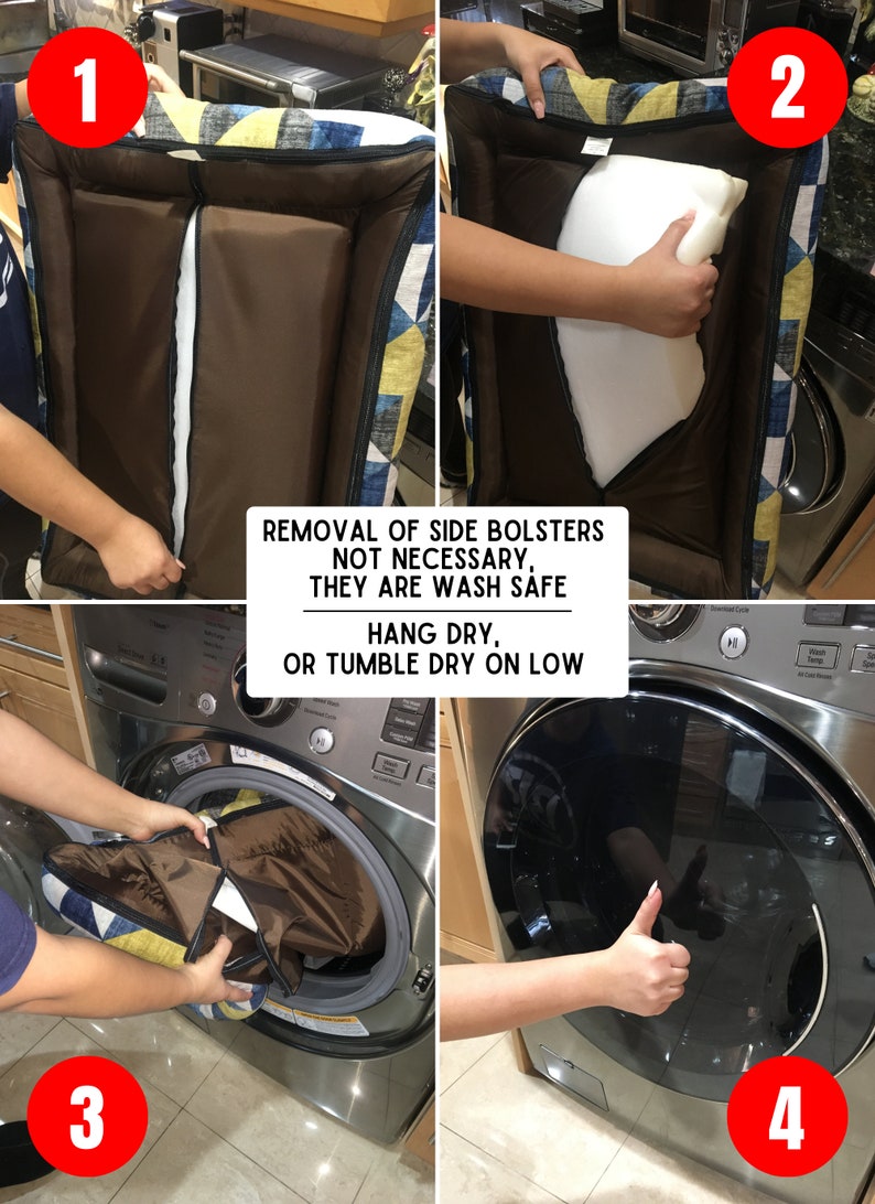 May include: A step-by-step guide on how to wash a dog bed. The first image shows the removal of the side bolsters. The second image shows the removal of the inner cushion. The third image shows the bed being placed in a washing machine. The fourth image shows the washing machine with the door closed.