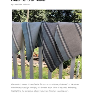 May include: Three woven towels in shades of gray and blue, hanging on a white picket fence. The towels are made with a slubby linen yarn and feature a geometric pattern. The text "Cantor Set Shift Towels: 4-shaft version" is visible at the bottom of the image.
