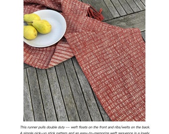 May include: A red and white woven runner with a simple pick-up stick pattern. The runner is on a wooden surface with two pears on a white plate. The text "Floats and Ribs Runner" is in the image.