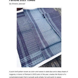 Puede incluir: Dos toallas tejidas en un patrón de tejido de color en azul pizarra y magenta. Las toallas están dobladas y se muestran sobre una superficie de madera. El texto "Pantone 2023 Towels: 8-shaft version" es visible en la esquina inferior derecha.