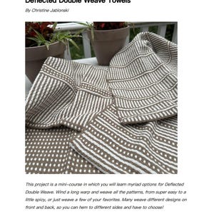 Puede incluir: Dos toallas tejidas de color marrón y blanco con un patrón a rayas y lunares. Las toallas están dobladas y expuestas sobre una mesa con plantas en macetas en el fondo. El texto "Deflected Double Weave Towels" y "Loom: 4-shaft" es visible en la imagen.