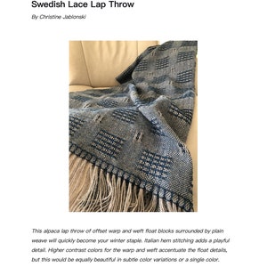 May include: A blue and beige alpaca lap throw with a woven pattern. The throw is folded and draped over a beige couch. The text "Swedish Lace Lap Throw: 4-shaft version" is visible at the bottom of the image.