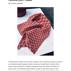 May include: A close-up of a woven kitchen towel in a checkered pattern of magenta and orange. The towel is folded and draped over a white surface. The text "Pantone 2023 Towels" is visible at the top of the image.