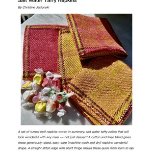May include: A set of four woven napkins in shades of yellow, orange, and red. The napkins are made of a cotton and linen blend and have a turned twill weave. The napkins are arranged in a stack with a pile of colorful salt water taffy candies in front of them.  ©SoulSpace 2023 All Rights Reserved. Patterns are for personal, non-commercial use only. Salt Water Taffy Napkins: 8-shaft version