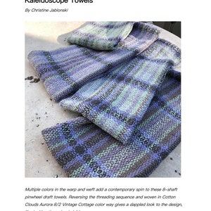 May include: Three woven towels in shades of blue, green, and gray with a pinwheel pattern. The towels are made with a 8-shaft technique and have a contemporary look.  "Kaleidoscope Towels: 8-shaft version"