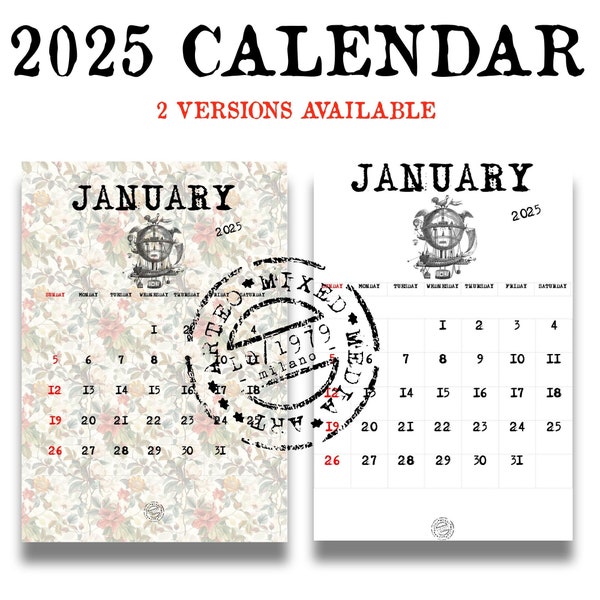 2025 CALENDAR - 2 VERSIONS to print on aged paper
