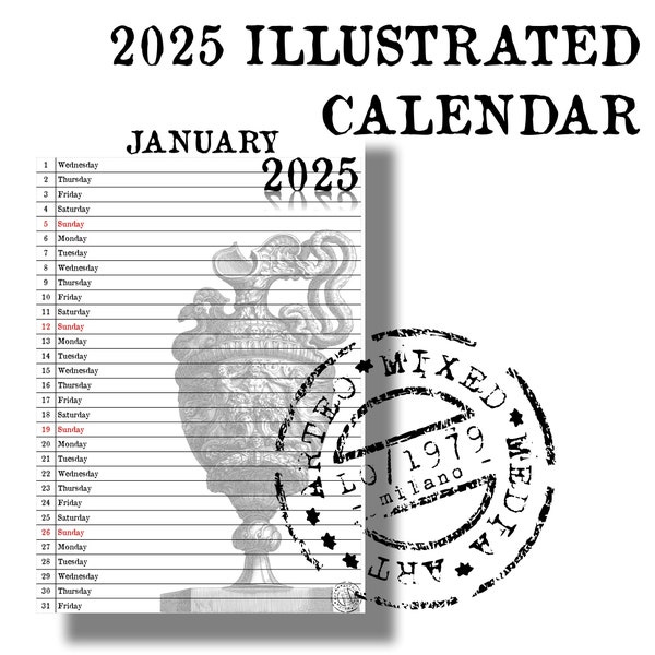 2025 CALENDAR - ILLUSTRATED to print on aged paper
