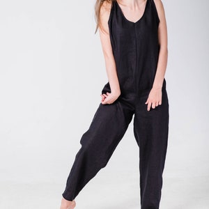 Naked back overalls, Linen overalls, Long pants overalls, Linen jumpsuit women, Womens linen overalls, Oversized overalls, Black overalls image 4