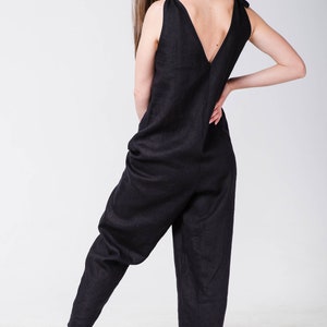 Naked back overalls, Linen overalls, Long pants overalls, Linen jumpsuit women, Womens linen overalls, Oversized overalls, Black overalls image 2