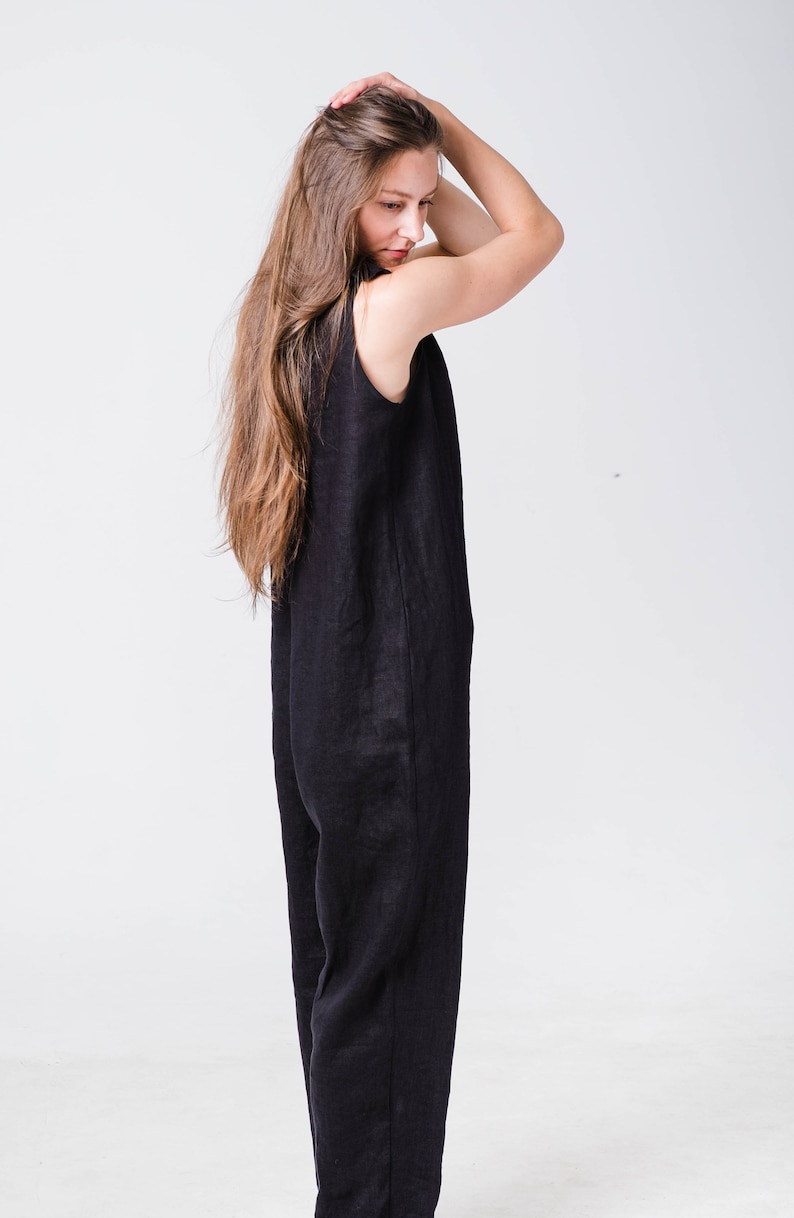 Naked back overalls, Linen overalls, Long pants overalls, Linen jumpsuit women, Womens linen overalls, Oversized overalls, Black overalls image 6