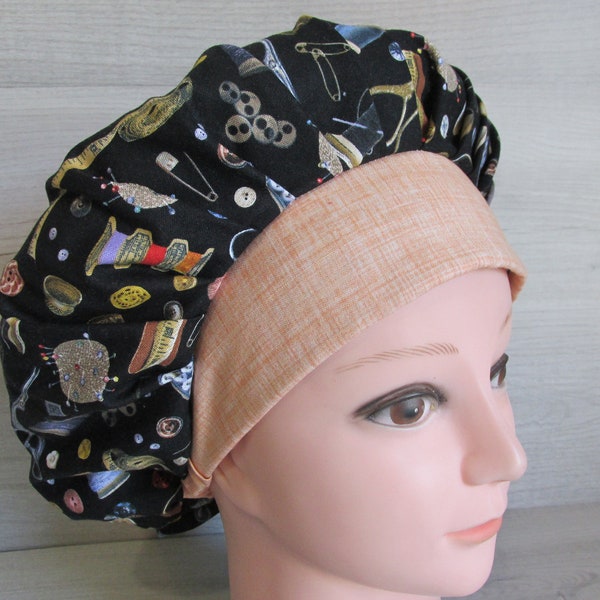 Sewing Notions w/ Peach Weave Band - Bouffant Surgical Scrub Cap with Sweatband, Doctor OR Nurse Cap, Cath Lab Scrub Hat