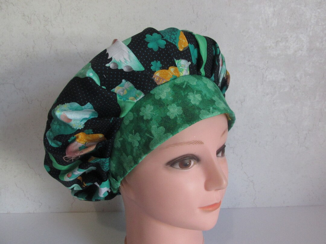 Irish Gnomes W/ Green Shamrock Band Bouffant Scrub Cap With Sweatband