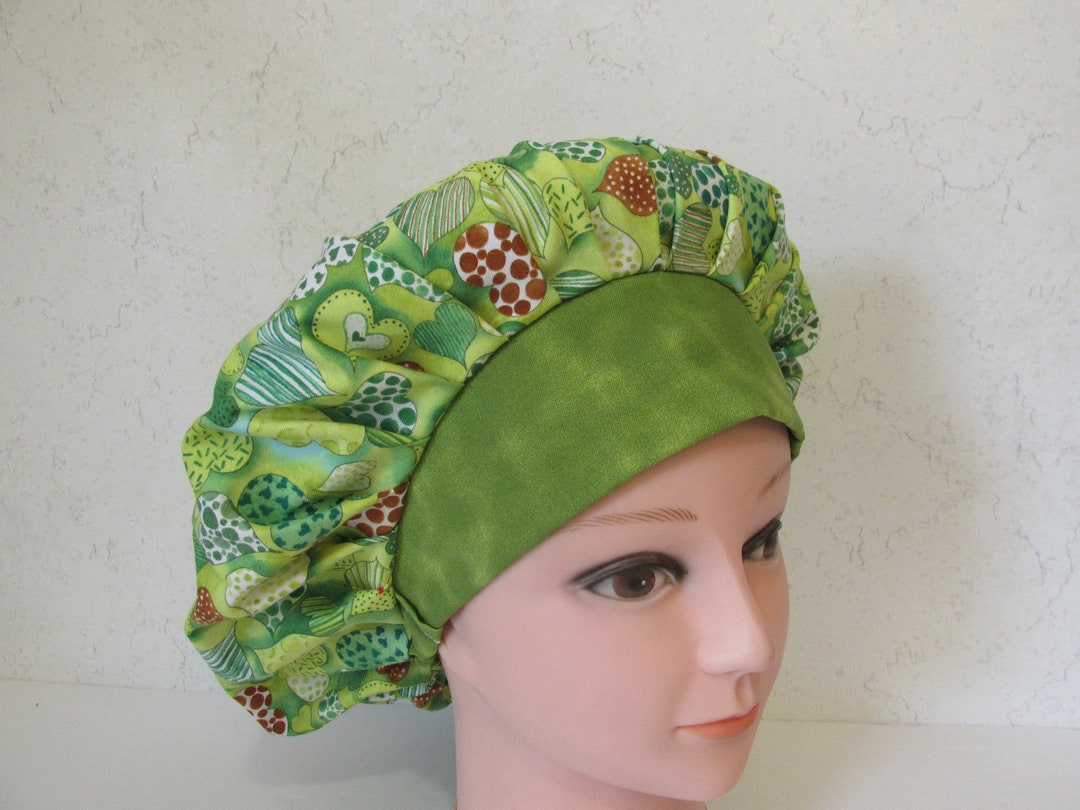 Colorful Hearts W/ Green Marble Band Bouffant Scrub Hat, Scrub Cap