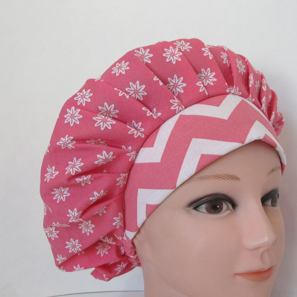 Coral White Flower w/ Coral Chevron Band - Womens Bouffant Scrub Hat, Scrub Cap, Surgical Hat, Bouffant Cap, Nurse Doctor Hat, Nurse Cap