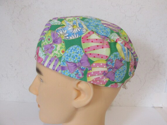 Surgical Scrub Hats caps Easter Colorful painted Easter Eggs with Yellow tie