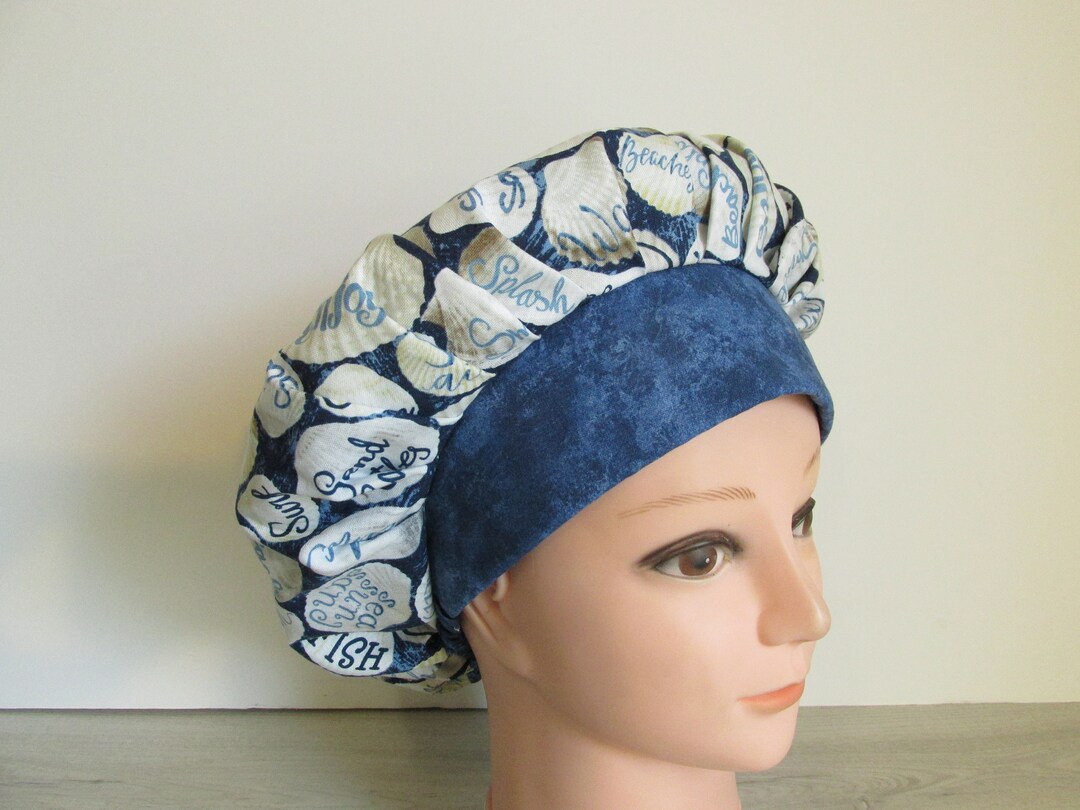 Sea Shells With Blue Marble Band Bouffant Surgical Scrub Cap With ...