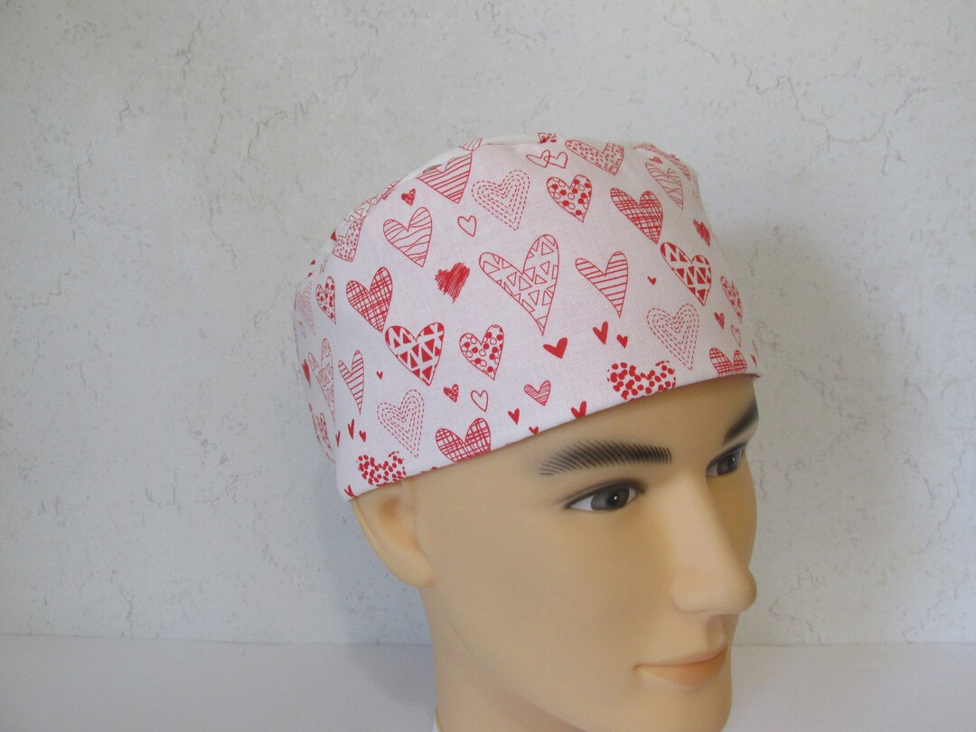 Pink and Red Hearts Surgical Scrub Cap for Short Hair, Scrub Hat