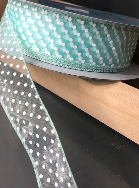 1.5 inch Sheer Aqua Ribbon With with Small White Polka Dots - Wired Spring  Ribbon - 5 Yards