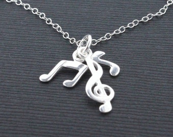 Music necklace, 925 Sterling Silver Treble clef and notes charm, gift for music lover, musician, simple necklace, charm necklace