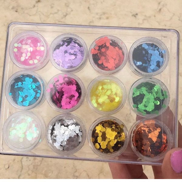 12 MEGA CHUNKY Glitter pots hexagone en forme de nouvel artisanat Festival cheveux visage corps ongles paillettes